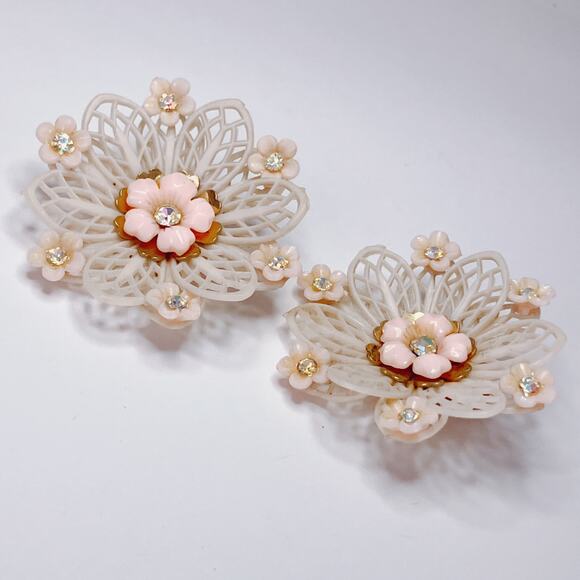 VTG Signed Coro 1950s Earrings Mid Century Thermoplastic Floral AB Rhinestones - Picture 11 of 13